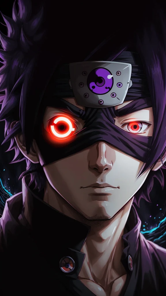 bioluminescent Masashi Kishimoto Manga style portrait of obito uchiha with sharingan and Rinningan, 1 eye red sharingan, other eye purple Rinningan, exquisite detail especially in the eyes.