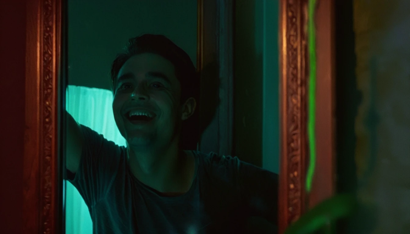 amateur photo,selfie,recording screenshot, a men solo in front of a mirror, ,side view,((the men is smiling wacthing the viewer:1.3)), ((but his reflection in the mirror is serious staring the men:1.2)),((only flaslight illumination,darker,night time:1.3)),in the night,blair witch project atmosphere, unnerving and creepy aura, disturbing aura,horror core,found footage,grainy,