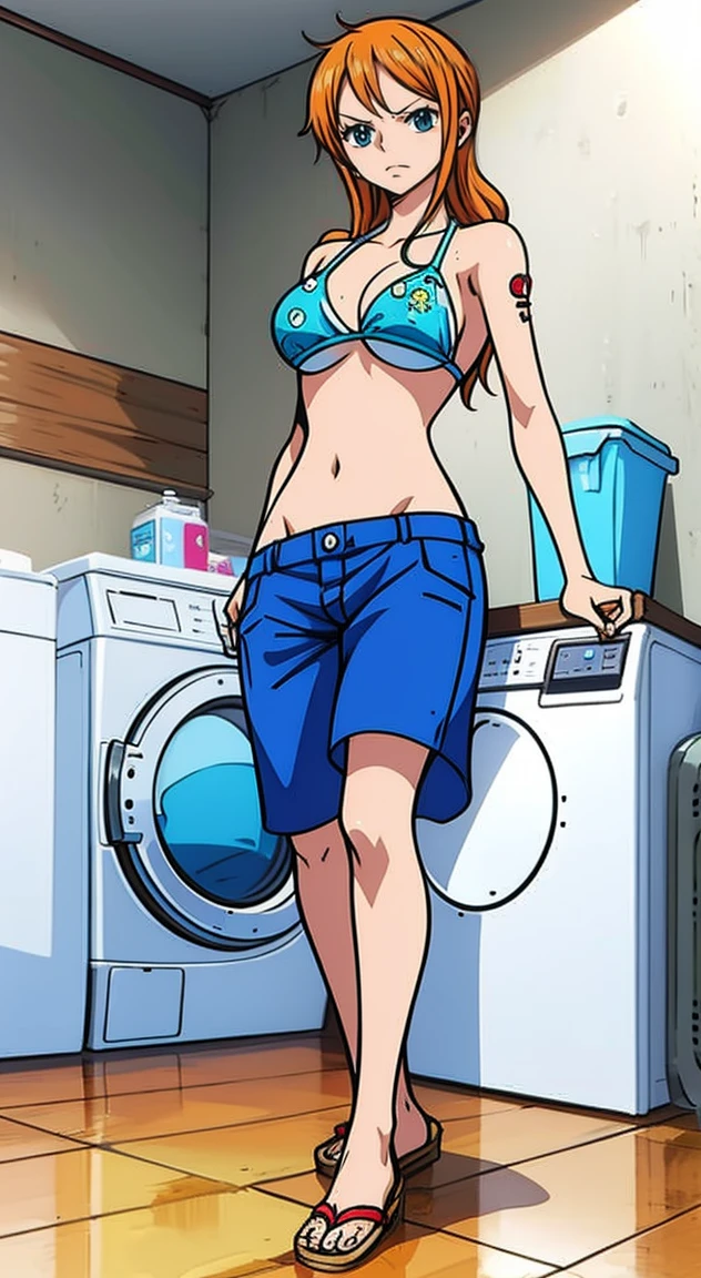 Nami, one piece 3D render, in the laundry room, leaning over a washing machine, wearing bikini top