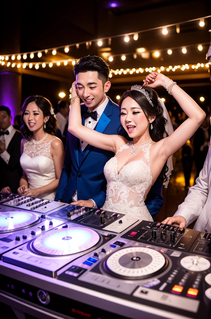 Perfect wedding with groom and bride facing the DJ playing