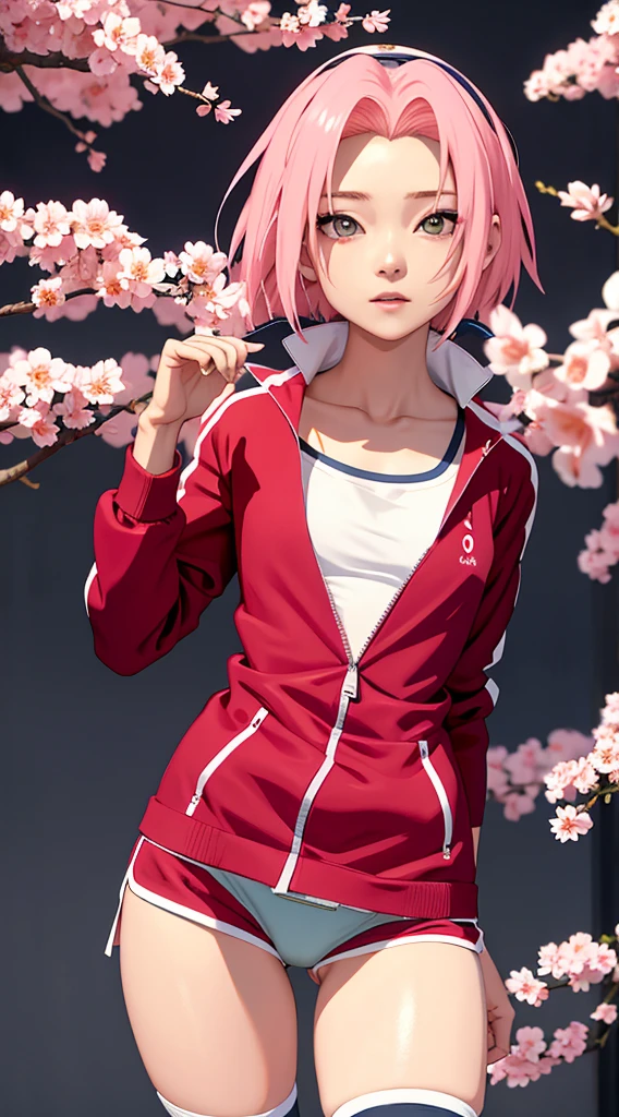 Sakura in short shorts with an open zipper and transparent panties opening her legs 
