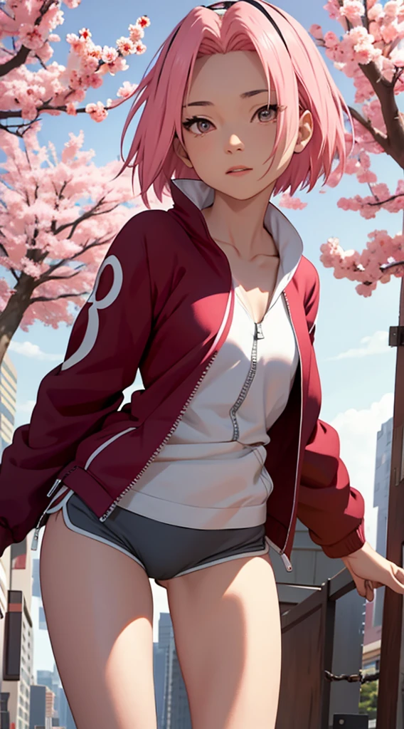 Sakura in short shorts with an open zipper and transparent panties opening her legs 
