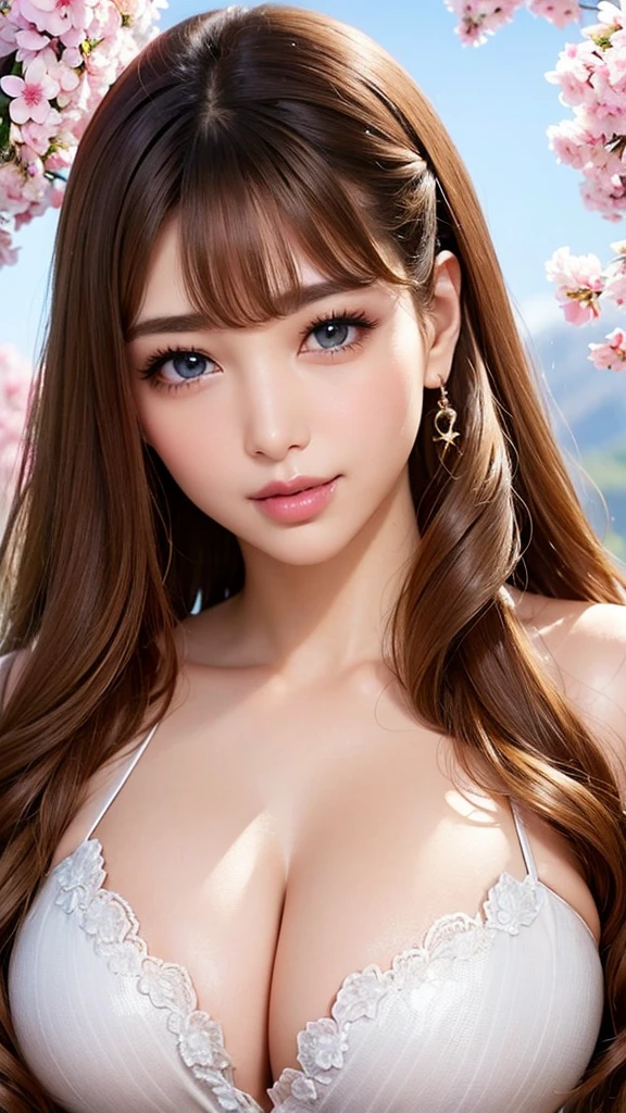 Beauty, Mystical Eyes、Big 、Super sexy、Pale skin、Shiny Hair、Super long hair、Loose and fluffy perm、Close to blonde、Are fat、fat、smile、Heavy makeup、Pink lipstick、Thick lipoisturized lips、Plump、Voluptuous、Indian、spring、Blue sky、White cloud、looking at the camera、Has bangs、Bangs fall on the forehead、Heavy makeup、Heavy makeup、The face is dark、Exotic Face