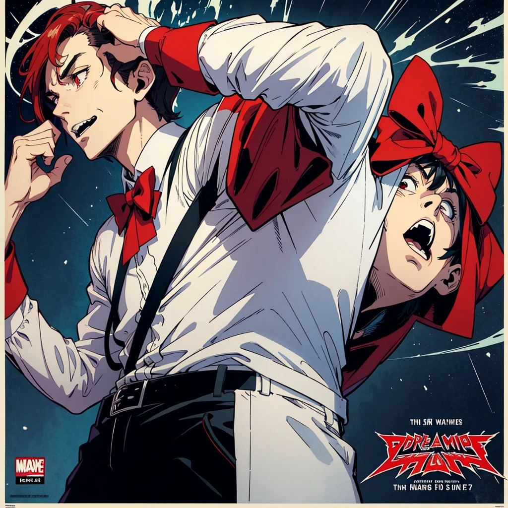 hypnotis maker comics Man. ((Standing)) His hands is up and fingers towards us, (He is standing) He is making hypnosis. He has Red eyes and white short hair, wearing white, his hands up and a bow tie. he is making hypnosis with his hand. Dracula style. comics anime style, 70s poster, pop punk art style (No background) ((entire body)) (sarcastic facial expressions)