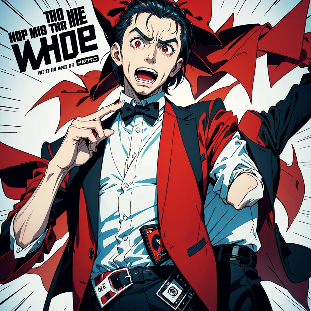 hypnotis maker comics Man. ((Standing)) His hands is up and fingers towards us, (He is standing) He is making hypnosis. He has Red eyes and white short hair, wearing white, his hands up and a bow tie. he is making hypnosis with his hand. Dracula style. comics anime style, 70s poster, pop punk art style (No background) ((entire body)) (sarcastic facial expressions)