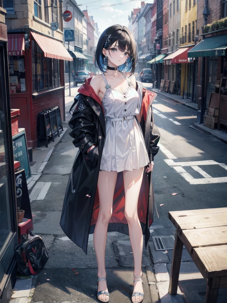 absurdres, RAW photo, extremely delicate and beautiful, masterpiece, Best Quality, ultra high resolution, 32k, hyperrealistic, ultra-detailed, perfect figure, in her 20s, very small head, very small face, delicate facial features, tearful mole, earring, very huge breasts, bare legs, full body shot, medium hair, black hair, colored inner hair, student, duffle coat,