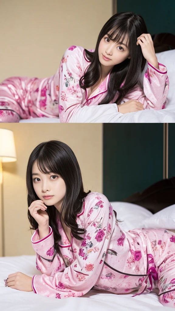 A woman in pink floral pajamas is sitting on her bed, Black Hair Girl, Beautiful black haired woman, Cute woman, young black hair girl, Dark hair and attractive features,、Also known as New Milky, Kanna Hashimoto, Beautiful woman, Posing in bed, Posing in the room