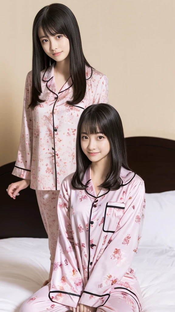 A woman in pink floral pajamas is sitting on her bed, Black Hair Girl, Beautiful black haired woman, Cute woman, young black hair girl, Dark hair and attractive features,、Also known as New Milky, Kanna Hashimoto, Beautiful woman, Posing in bed, Posing in the room