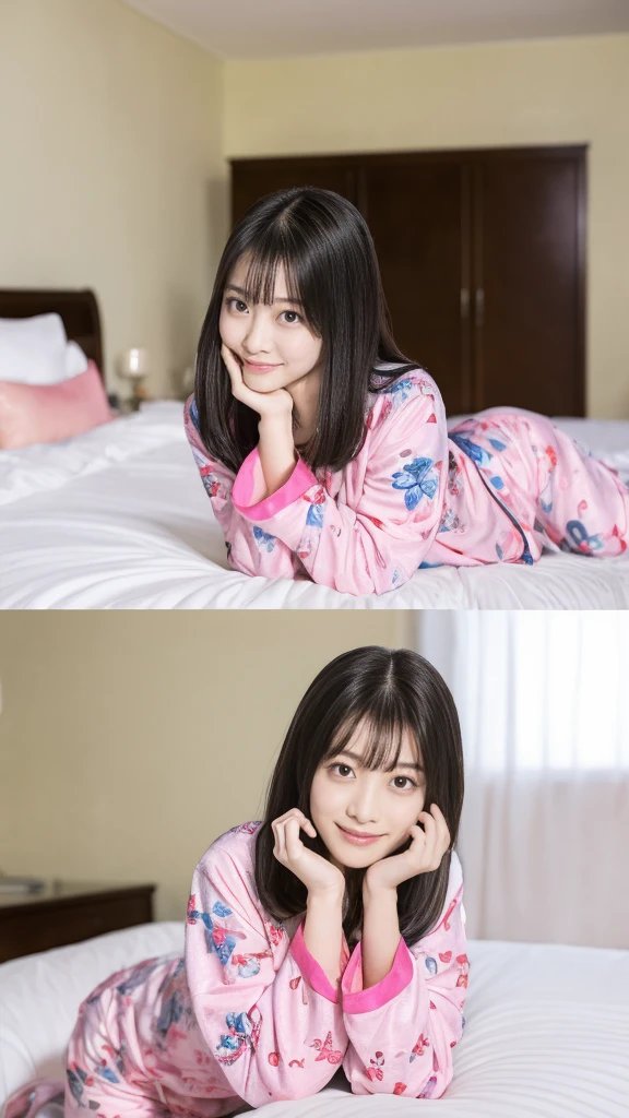 A woman in pink floral pajamas is sitting on her bed, Black Hair Girl, Beautiful black haired woman, Cute woman, young black hair girl, Dark hair and attractive features,、Also known as New Milky, Kanna Hashimoto, Beautiful woman, Posing in bed, Posing in the room