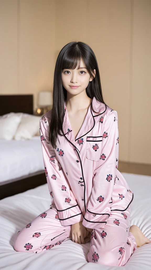 A woman in pink floral pajamas is sitting on her bed, Black Hair Girl, Beautiful black haired woman, Cute woman, young black hair girl, Dark hair and attractive features,、Also known as New Milky, Kanna Hashimoto, Beautiful woman, Posing in bed, Posing in the room