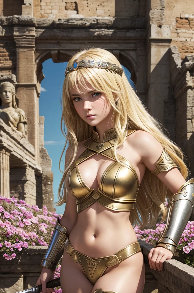two sisters portrait break: woman, 20 years old, roman warrior, queens blade , middle age, blonde, detailed face, curvy, fighter position, background in uk land break: teen girl, roman warrior, princess blade , s old, teenager girl, very small breasts, mini cropped, valkyrian princess ,blonde, detailed face, beautiful, confiant, background in uk land with flowers