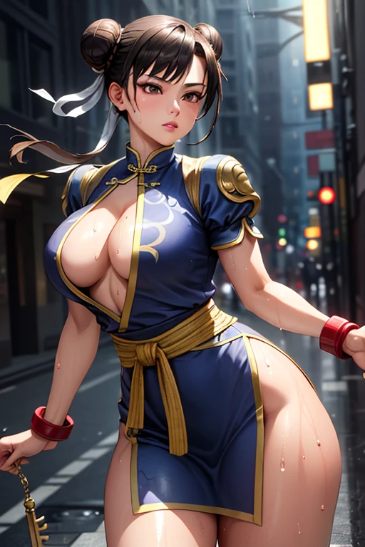 masterpiece,Highest quality, Unreal Engine, Super Resolution, Very detailed,
1 Girl, Waist, thin, (Muscular:0.8)
Round Breasts, Big Breasts, bold,  Lips parted, Observe the audience,
Are standing, sexy pose
Waist shot,
Simple background anime style, Key Visual,
Hair Bun, Blue Chinese clothing, Chunli, Street Fighter,Sticky with sweat,Clothes are also wet, 