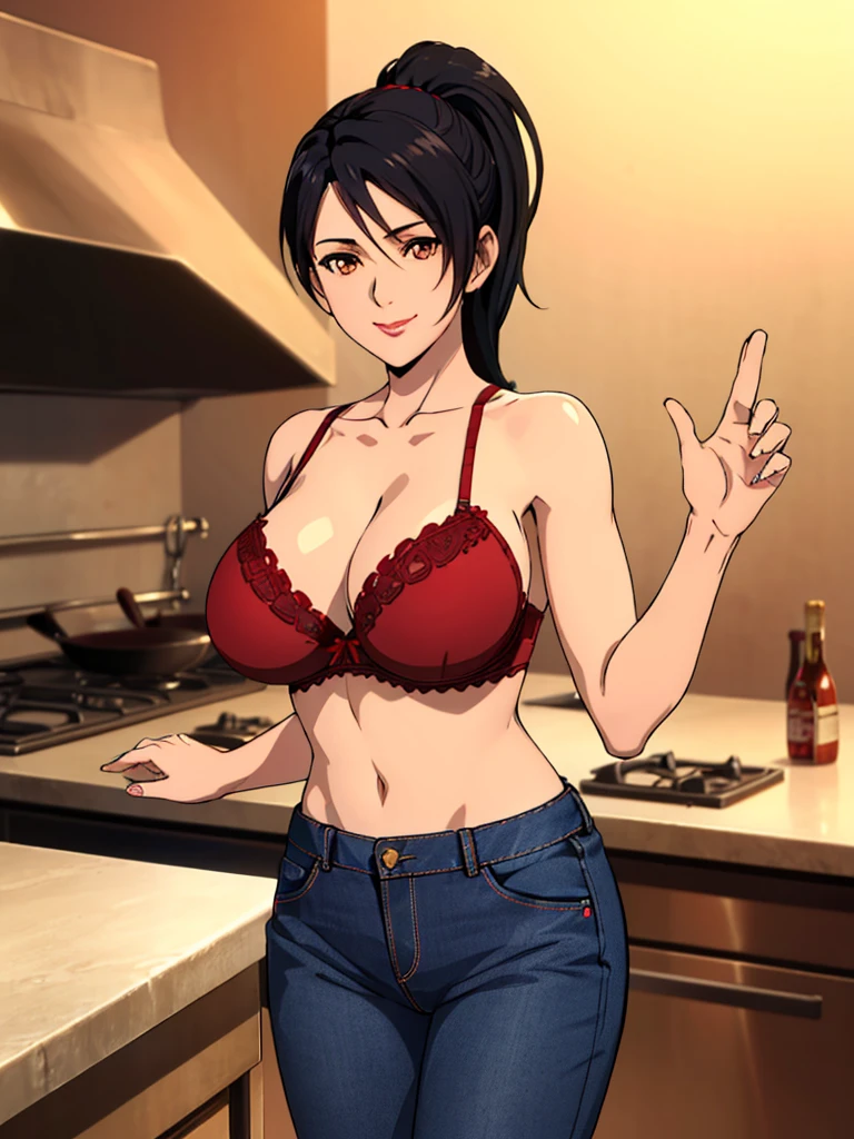 cooking, grabbing breast:1.6, red strip bra, short jeans, home background, momiji, anime cels style, best quality, high resolution, 1girl, (big breasts:1.0), beautiful face, ponytail, black hair, long hair, long hair, little biceps, brown eyes, cowboy shot, light smile, red lipstick, stretching