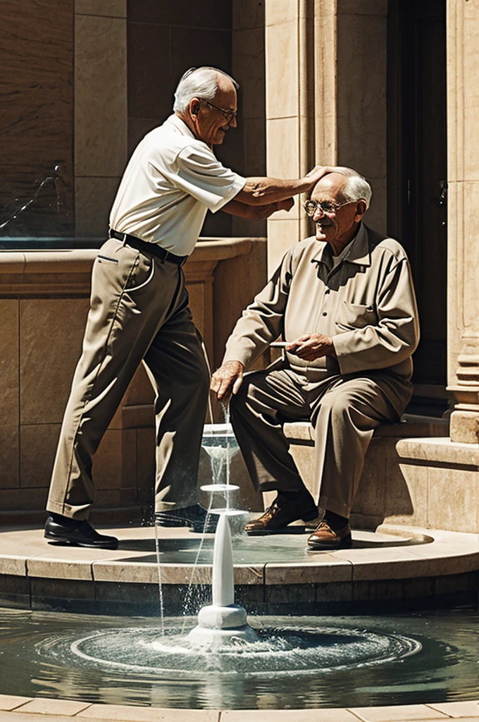 Drawing of an old man reaching a fountain