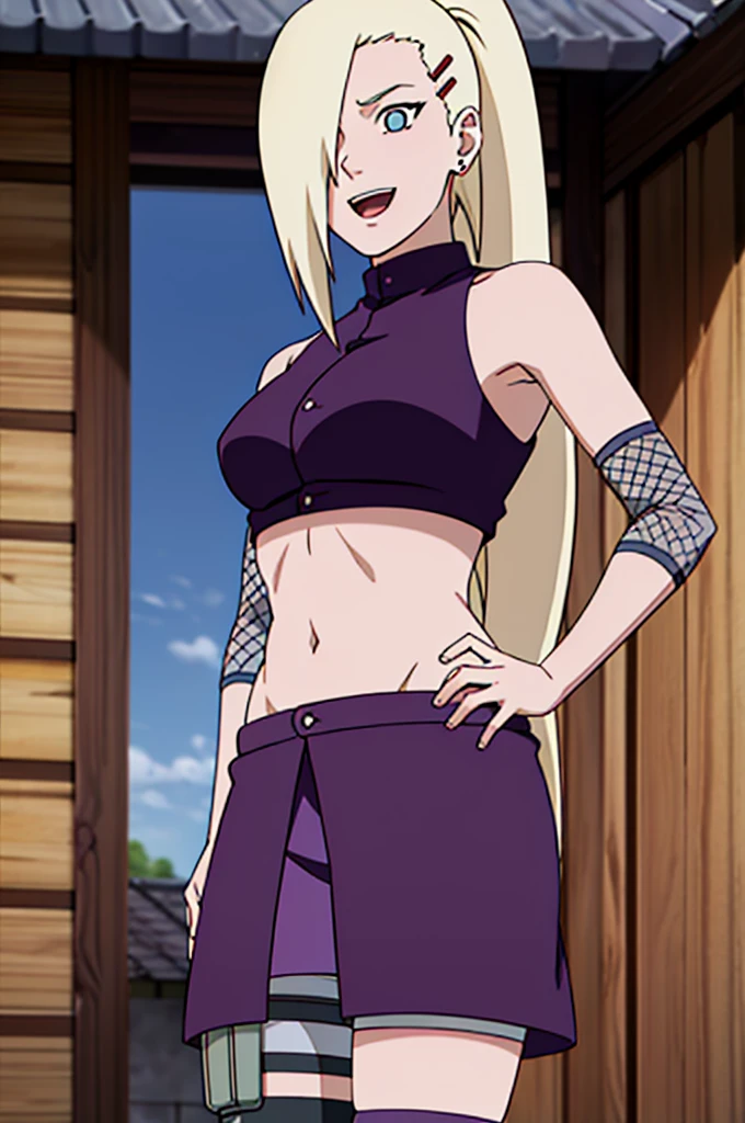 (training), Ino yamanaka, looking at the viewer, from below, ultra detailed face, sunny day, day time, upper body view, anime style, solo, detailed home, blonde, (purple clothes), ((one eye covered with hair, hair over eye)), medium breasts, belly button, looking at the viewer, thick arms, (off-shoulders, wide shoulders, curving body), hidden eye, smile, open mouth, very happy, tall, hair clip, sharp look, sharp face, sharp eye, cold colors,
