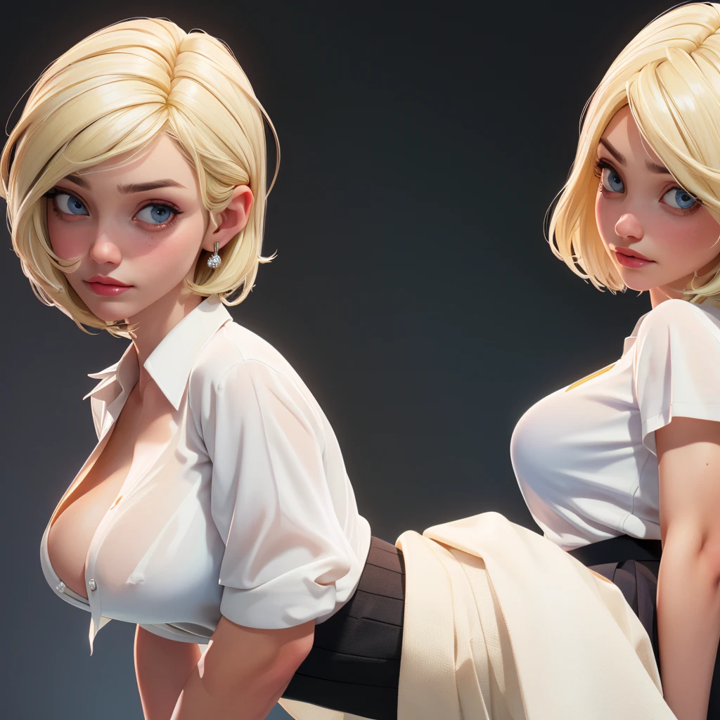 (masterpiece:1.3), (best quality:1.2), intricate details, (highly detailed skin:1.2), c4m3r0nd-v2, (1girl:1.2), large breasts, realistic, highres, beauty photo, tear drop , from above, cool mood, (wearing white shirt and black skirt:1.3), short hair , (blond haircolor:1.3), Hourglass-Petite body shape, fill lighting, fcDetailPortrait, (tilted head:1.4), (sexy pose:1.3),