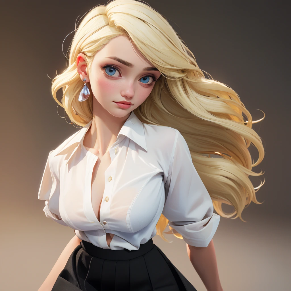 (masterpiece:1.3), (best quality:1.2), intricate details, (highly detailed skin:1.2), c4m3r0nd-v2, (1girl:1.2), large breasts, realistic, highres, beauty photo, tear drop , from above, cool mood, (wearing white shirt and black skirt:1.3), short hair , (blond haircolor:1.3), Hourglass-Petite body shape, fill lighting, fcDetailPortrait, (tilted head:1.4), (sexy pose:1.3),   