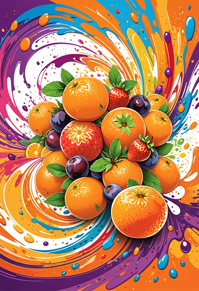 vectorial art, With many colorful illustrations of oranges, strawberries and plums, At the center, swirly vibrant colors, paint splashes and smears, high détail,Hawaiian style background