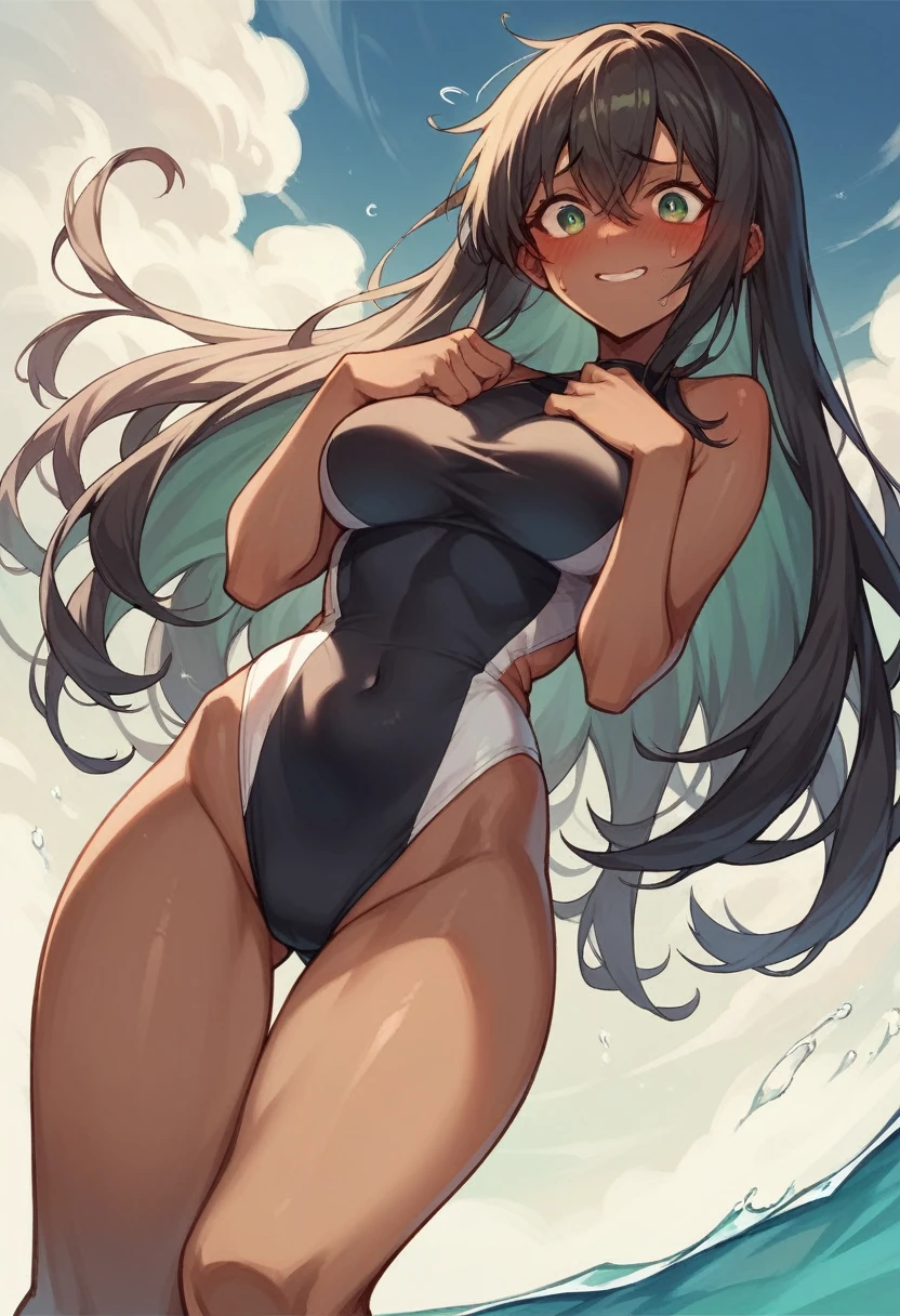 1girl, 独奏,black dark skin,breasts,thighs,dark-skinned female, green eyes, long hair, smile,Dynamic Angle,Swimwear,Embarrassed face