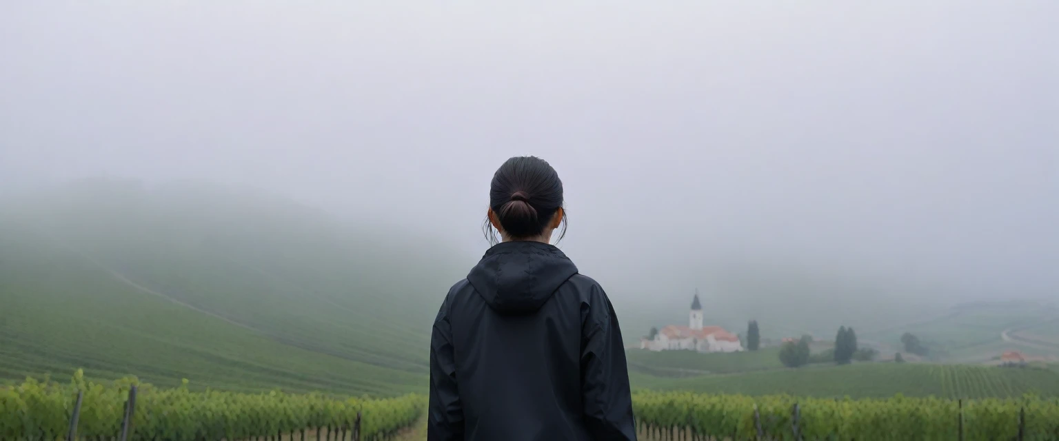 8k best picture quality, Beautiful 36-year-old Korean woman, Chest size 34 inches, The cathedral can be seen through the early morning fog past the vineyards in the Croatian countryside., The back background is realistic and vivid image quality, short and medium hair, Wearing a black windbreaker and casual pants,Perfect and realistic photos, The background is realistic. Full body shot with Canon camera 16-35 wide angle lens, expressionless, Standing on a vineyard hill covered in thick fog