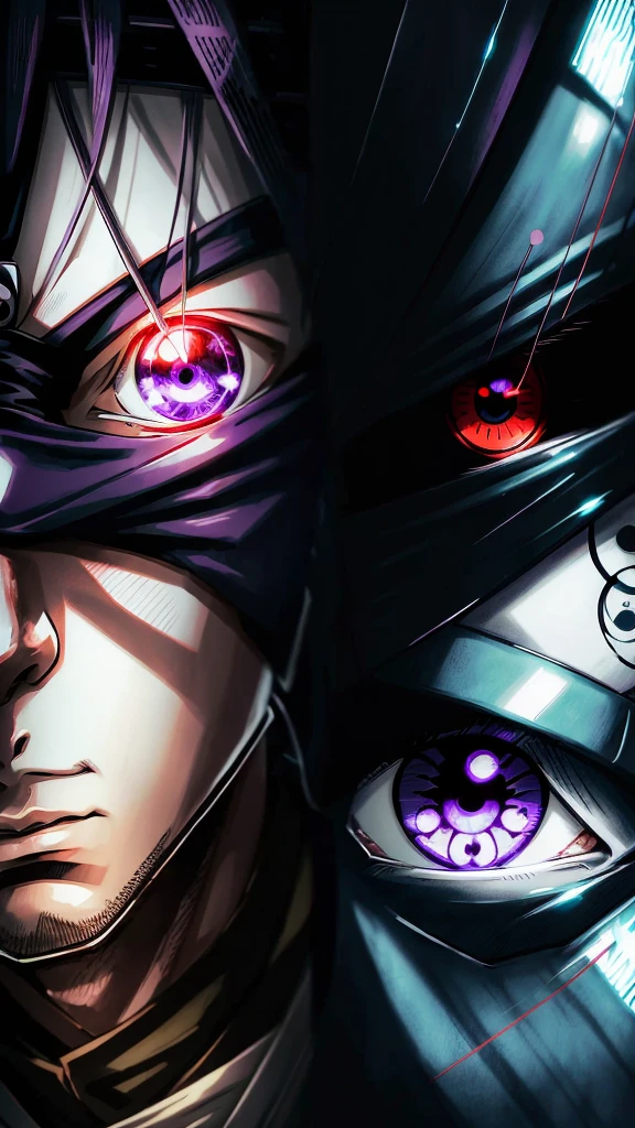 bioluminescent Masashi Kishimoto Manga style portrait of obito uchiha with sharingan and Rinningan, 1 eye red sharingan, other eye purple Rinningan, exquisite detail especially in the eyes.