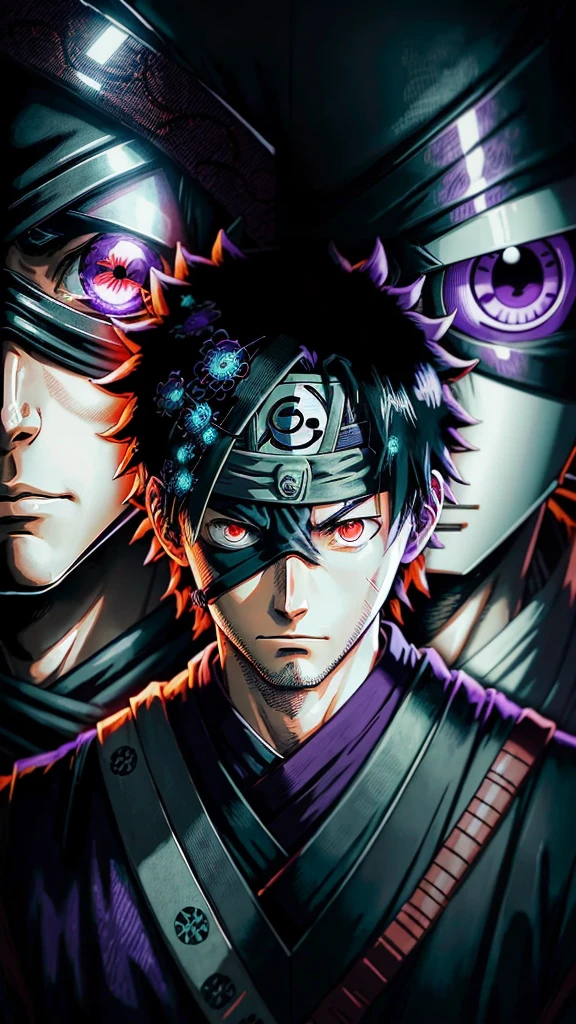 bioluminescent Masashi Kishimoto Manga style portrait of obito uchiha with sharingan and Rinningan, 1 eye red sharingan, other eye purple Rinningan, exquisite detail especially in the eyes.