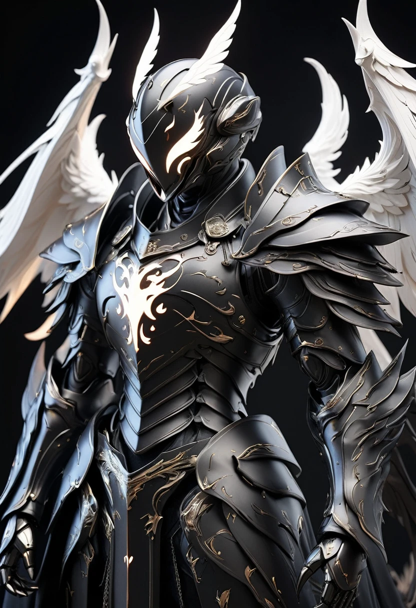 masterpiece, 8k, best quality, highly detailed, suit of armor made of pitch black metal with ghostly white flaming wings