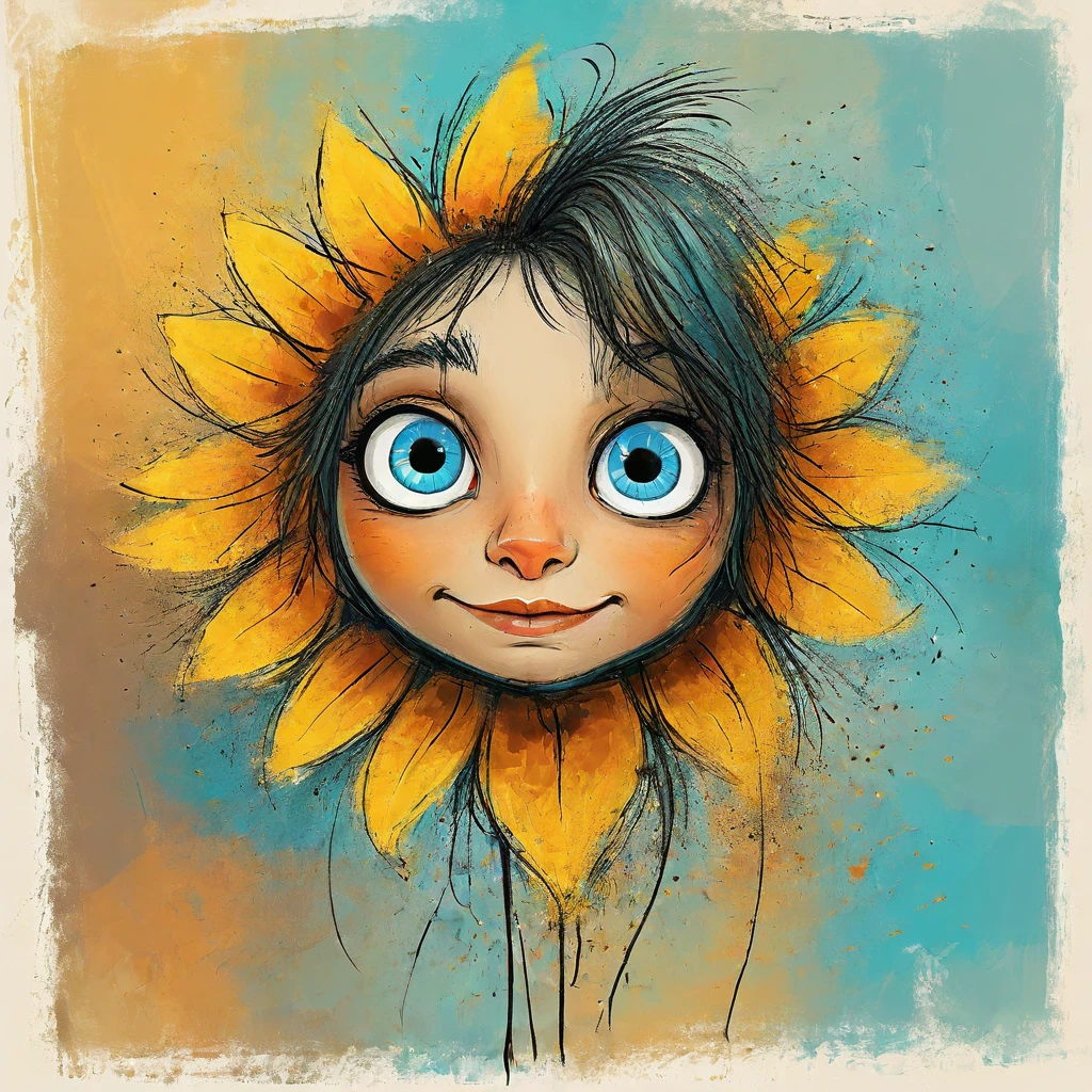 vectorial art, Colorful illustration with dense eyes and sunflowers, swirly vibrant colors,Dark wind background