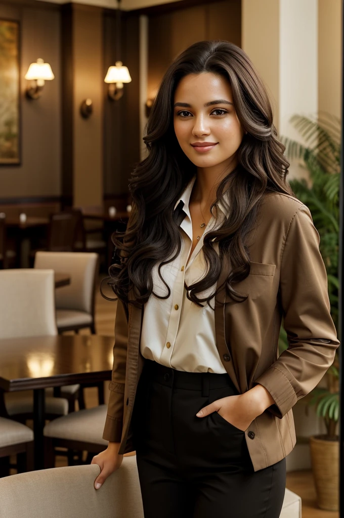 1 woman, adult, long hair, curly hair, black hair color, soft skin, brown eyes, smile, vegetation, casual, business style clothing, light brown jacket, realistic, with background in an elegant restaurant, 8k super realistic, super detailed and realistic