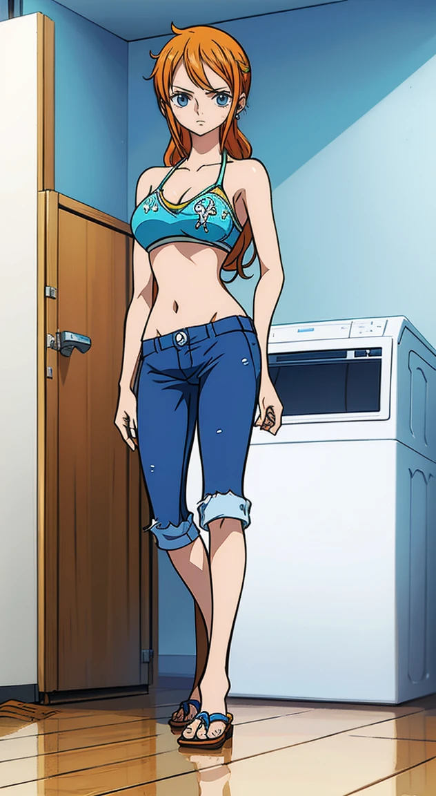 Nami, one piece 3D render, in the laundry room, standing up, leaning over a washing machine, wearing bikini top, wearing jeans