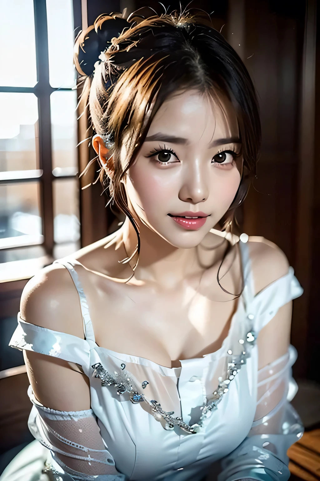 Romantic off-the-shoulder dress,(Shiny silver and orange inner color short hair,Intricately braided and beaded twisted ponytail bun,Braided Setup Fishbone Hair,),(The bangs are see-through),Beautiful woman,.Perfect Face,Proper body balance,Big ample breasts,,Intricate details,Very delicate and beautiful hair,Like the picture,dream-like,Realistic Shadows,Focus Only,Beautiful Hands,Beautiful fingers,Detailed finger features,Detailed clothing features,Detailed hair features,Detailed facial features,、(Professional Lighting),(Photorealistic:1.3),(RAW Photos.),(Tabletop,Highest quality,Ultra-high resolution output images,) ,(8K quality,),(Picture Mode Ultra HD,)