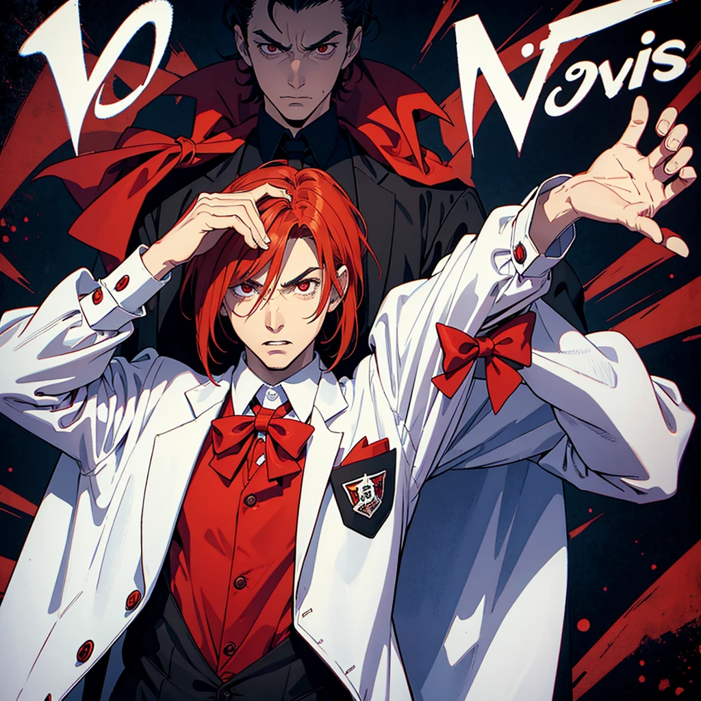 hypnotis maker comics Man. ((Standing)) His hands is up and fingers towards us, (He is standing) He is making hypnosis. He has Red eyes and white short hair, wearing white, his hands up and a bow tie. he is making hypnosis with his hand. Dracula style. comics anime style, 70s poster, pop punk art style (No background) ((entire body)) (sarcastic face expressions)