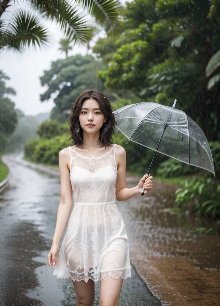 20year old beautiful girl、Beauty、Japanese、cute、beautiful girl、slim、Highest quality、Realistic、16K、panoramic、((Best Quality, 8K, Masterpiece: 1.3)), 1 girl, full body, slim face, beautiful woman, (short dark brown hair), White lace dress、Shooting from a distance、On tropical beaches、heavy rain、Soaked in the rain、雨でドレスが濡れて、髪が濡れて、髪を触って
