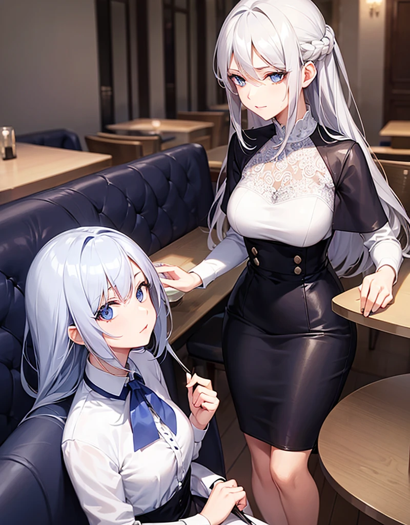 Generate a female character with silver hair who has light blue eyes and who has an elegant but at the same time simple style in her clothes and who is sitting in a restaurant