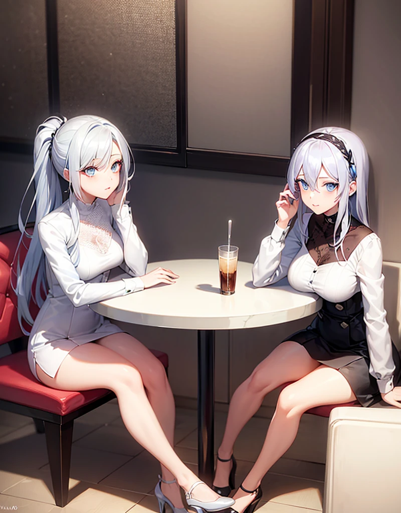 Generate a female character with silver hair who has light blue eyes and who has an elegant but at the same time simple style in her clothes and who is sitting in a restaurant 