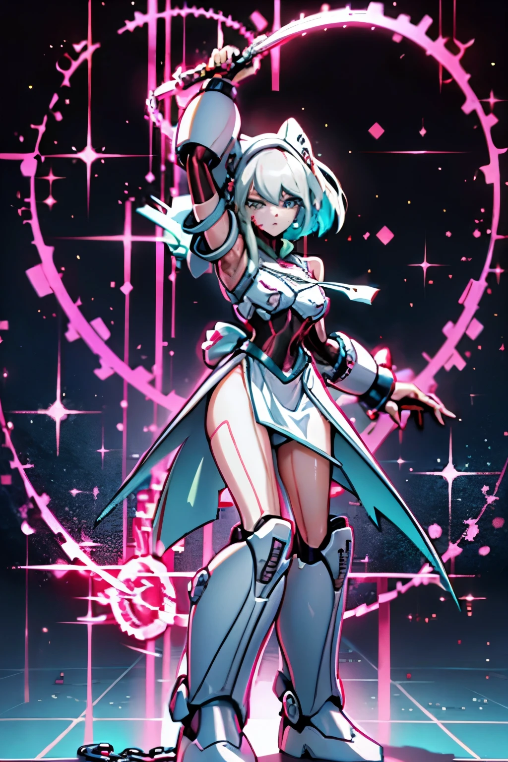 Android Girl,white hair, short and messy hair, ultra detailed face, Reploid, purple neon eyes, Holding a chain whip, chains wrapping her arm, very cute,