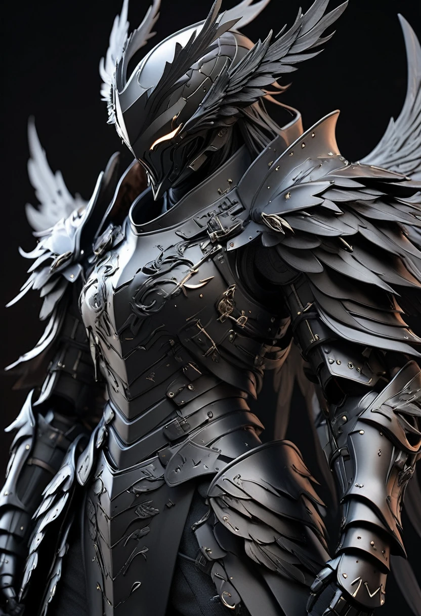masterpiece, 8k, best quality, highly detailed, suit of armor made of pitch black metal with black flaming wings
