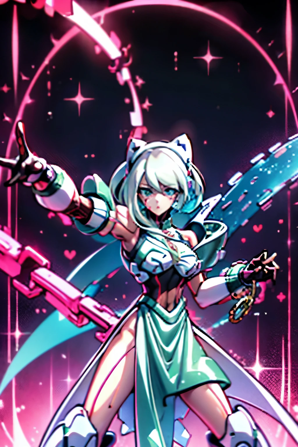 Android Girl,white hair, short and messy hair, ultra detailed face, Reploid, purple neon eyes, Holding a chain whip, chains wrapping her arm, very cute,