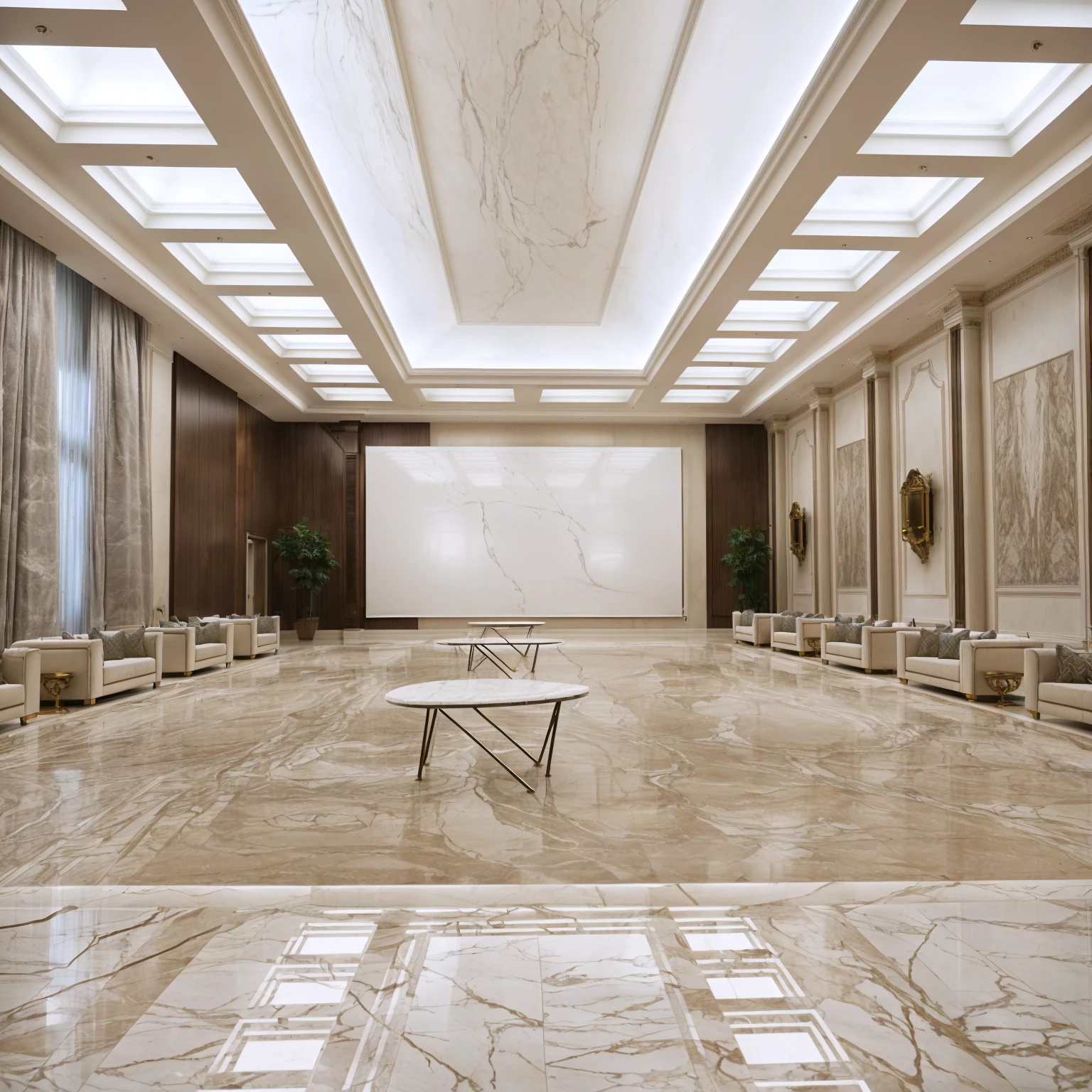 there is a room with a large screen and a lot of chairs, large hall, large open room, big hall, large room, marble room, detailed wide shot, in a large hall, wide portrait, wide long shot, ballroom background, meeting room, luxurious environment, white marble interior photograph, suspended ceiling, trending ，, large portrait, one large room, indoor setting