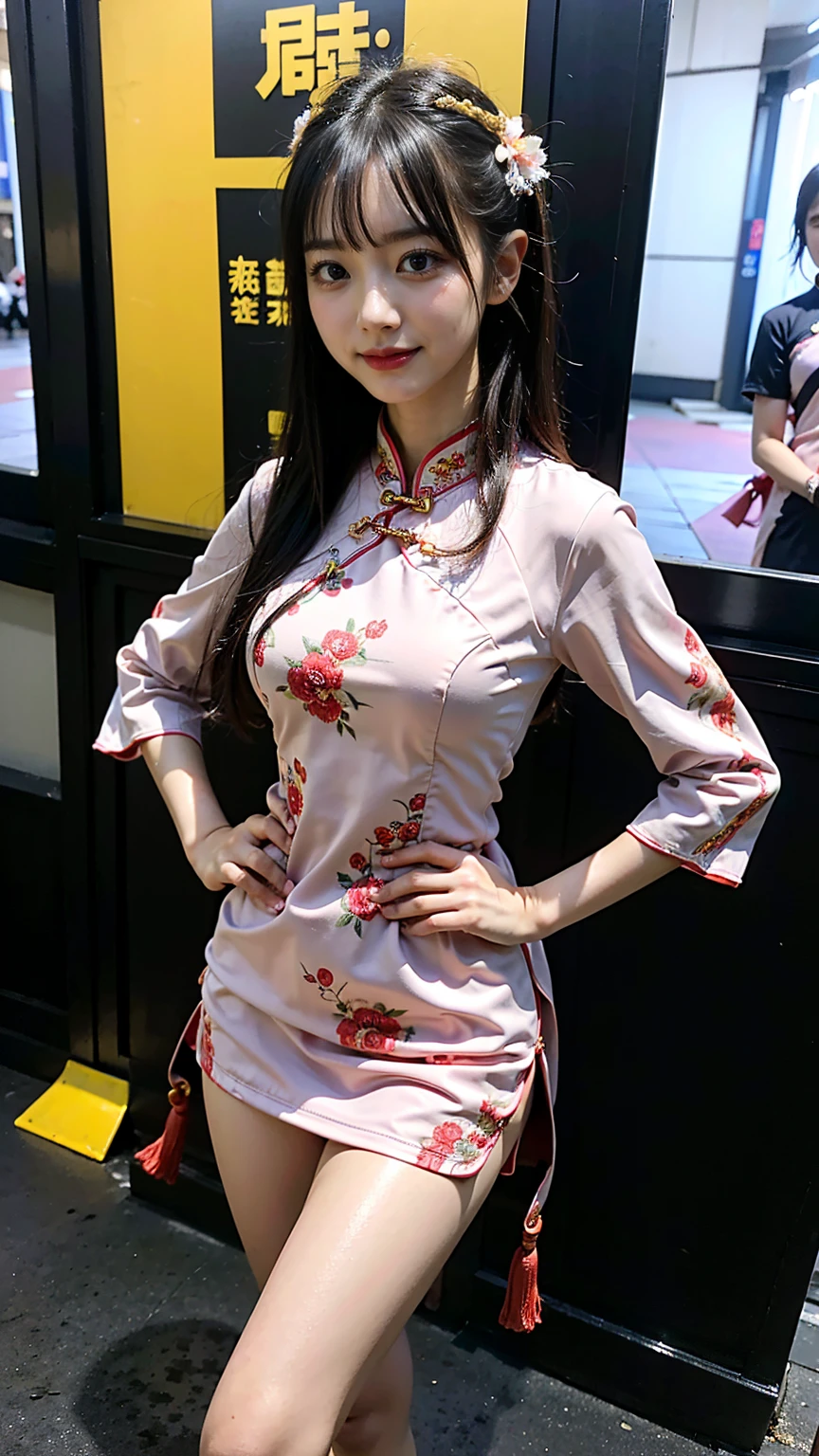 (8K、RAW Photos、Highest quality、masterpiece:1.2)、(Realistic、Realistic)、1 Girl、((Long cheongsam:1.2、Thin legs、whole body、View from the front、smile、Looking into the camera、Stand with hands on hips))、cute、((The background is slums))、Accurate Fingers、Leg lovers will masturbate to this photo