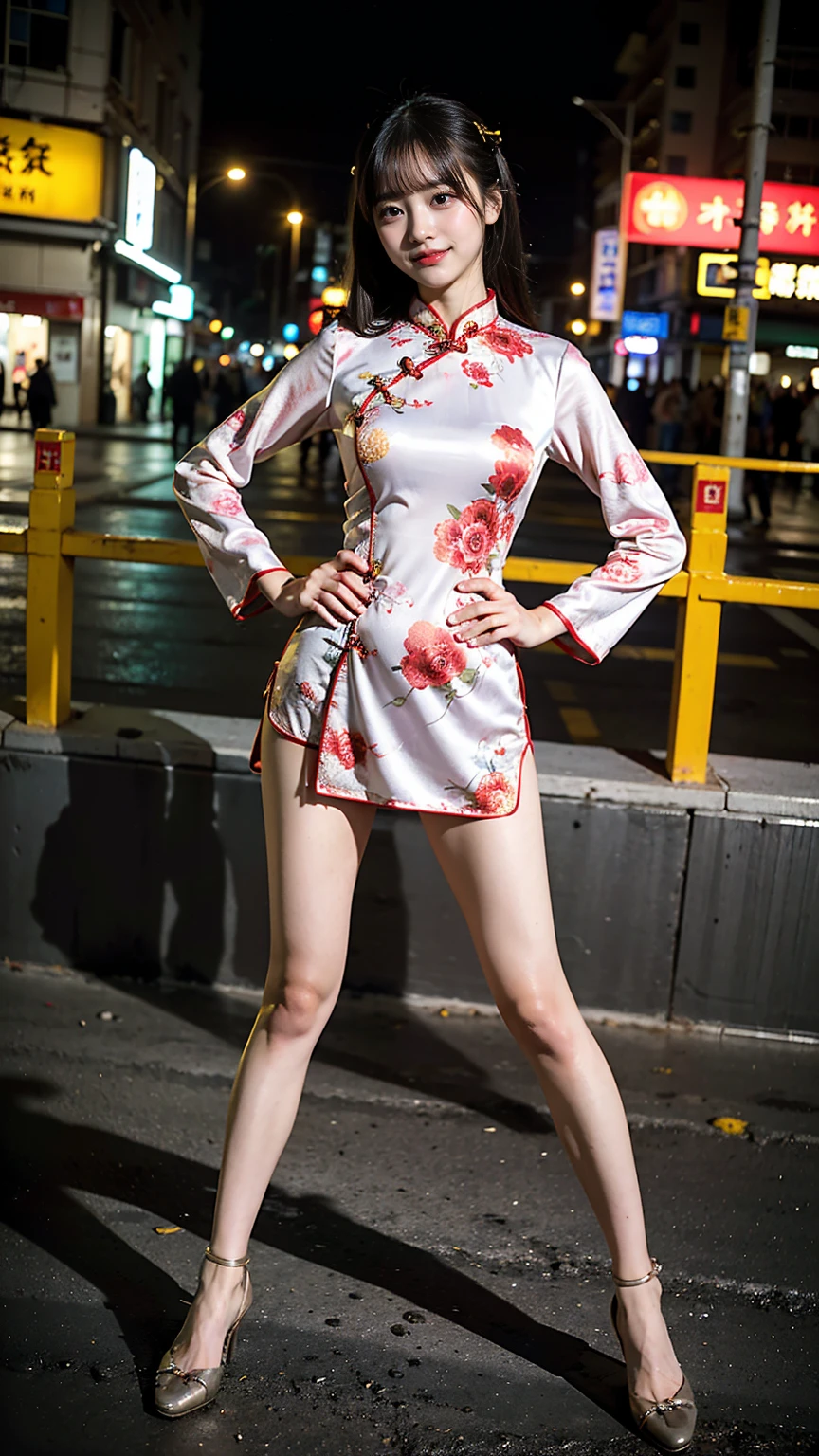 (8K、RAW Photos、Highest quality、masterpiece:1.2)、(Realistic、Realistic)、1 Girl、((Long cheongsam:1.2、Thin legs、whole body、View from the front、smile、Looking into the camera、Stand with hands on hips))、cute、((The background is slums))、Accurate Fingers、Leg lovers will masturbate to this photo