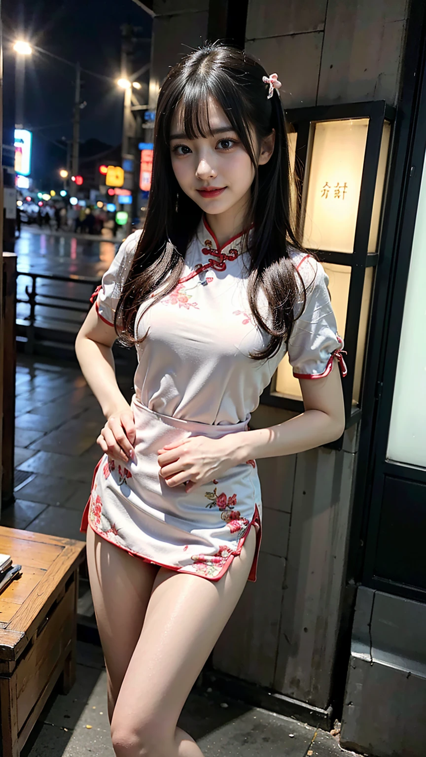 (8K、RAW Photos、Highest quality、masterpiece:1.2)、(Realistic、Realistic)、1 Girl、((Long cheongsam:1.2、Thin legs、whole body、View from the front、smile、Looking into the camera、Stand with hands on hips))、cute、((The background is slums))、Accurate Fingers、Leg lovers will masturbate to this photo