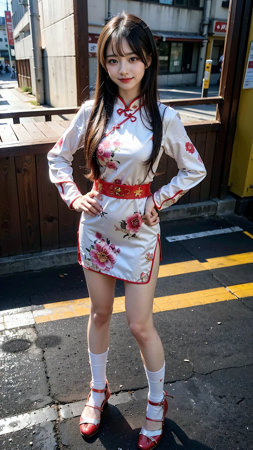 (8K、RAW Photos、Highest quality、masterpiece:1.2)、(Realistic、Realistic)、1 Girl、((Long cheongsam:1.2、Thin legs、whole body、View from the front、smile、Looking into the camera、Stand with hands on hips))、cute、((The background is slums))、Accurate Fingers、Leg lovers will masturbate to this photo