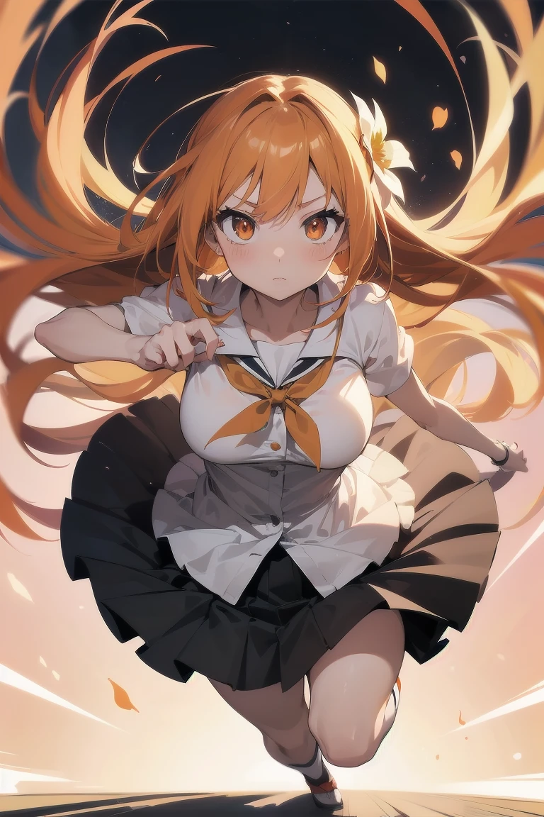 bouncing breasts, unaligned breasts,running,motion, motion blur,eft_nisekoi_orange,orange hair,long hair,short hair with long locks,sidelocks,hair ornament,flower,hair flower,brown eyes,,black skirt, pleated skirt, blush, short sleeves, anime style, anime colors,detailed anime,animeHD, anime eyes, bigger eyes, high quality anime, large anime pupils, 1girl (in full growth), best quality, masterpiece, ultra-detailed, high quality,perfect anatomy, (perfect full body), (detailed full body), good eyes, perfect face, pretty face,(beautiful and aesthetic:1.2),beautiful eyes, anime eyes, detailed eyes,Exquisite visuals, high-definition