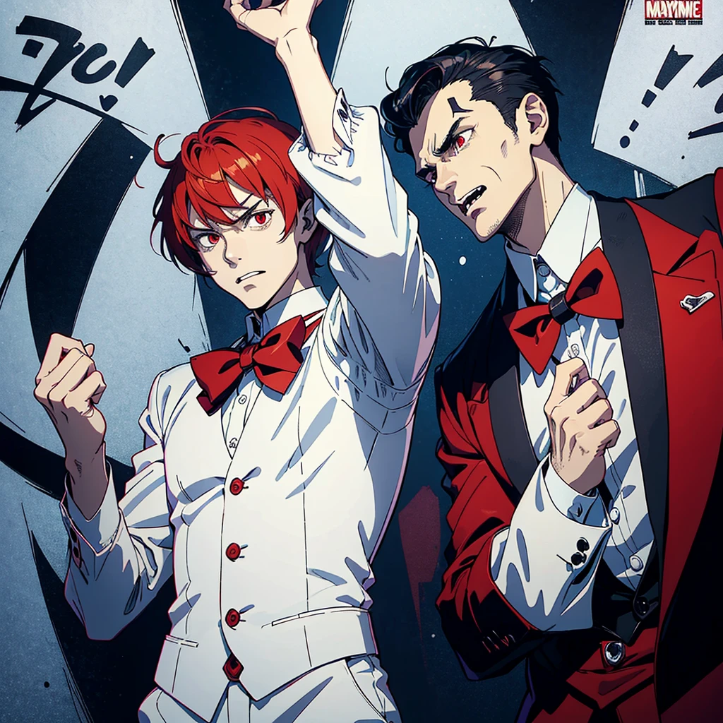 hypnotis maker comics Man. ((Standing)) His hands is up and fingers towards us, (He is standing) He is making hypnosis. He has Red eyes and white short hair, wearing white, his hands up and a bow tie. he is making hypnosis with his hand. Dracula style. comics anime style, 70s poster ((entire body)) (sarcastic face expressions) 