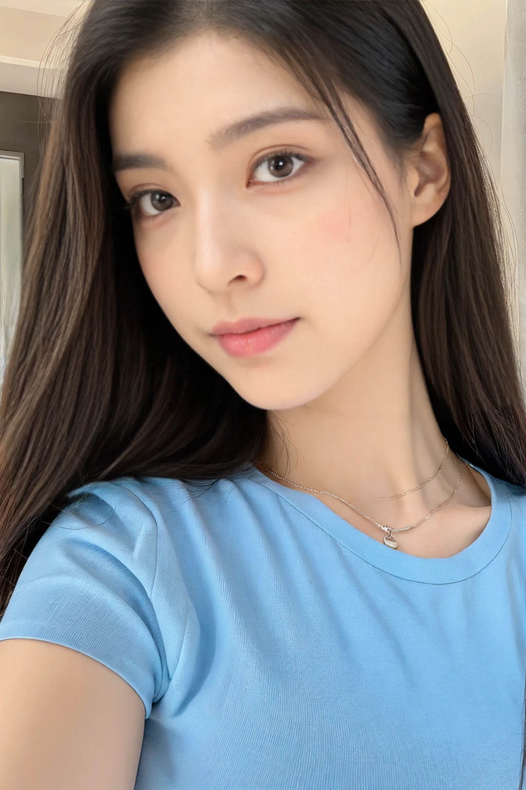 real picture,(lifelike, high resolution:1.3),(whole body:1.5), 1 girl with a perfect figure:1.4, Delicate facial features,Double eyelids,Long eyelashes,Tall nose,Wear a necklace,Long hair,Lean abdominal muscles:1.1 ,Random color T-shirt:1.2,Shorts of random color, Big , A little cleavage