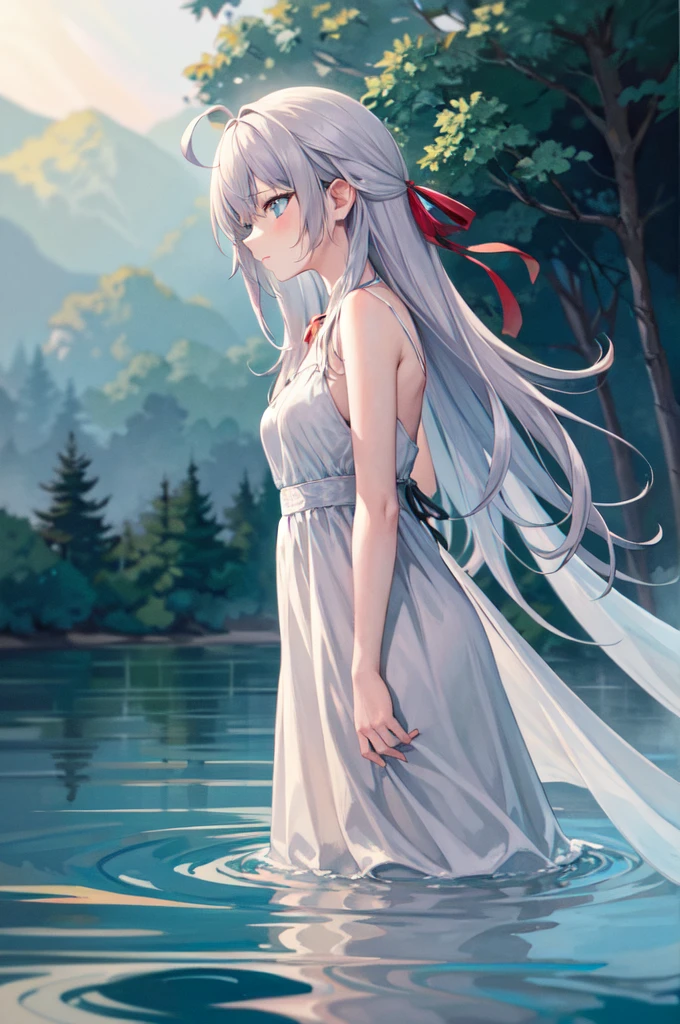 One ethereal girl, silvery-gray hair, ahoge, flowing long hair, luminous blue eyes, standing on misty lake at dawn,gossamer aqua dress melding with water, delicate red bow, shimmering hair ribbon, surreal dreamlike atmosphere, soft diffused light piercing through swirling mist, opalescent water surface, impressionistic style:1.4, watercolor techniques, ephemeral color transitions, soft blending, fluid brushstrokes, dreamy washes, iridescent textures, organic flowing shapes, atmospheric perspective, pastel blue and lavender palette with golden highlights, hazy silhouettes of distant trees dissolving into mist, ripples radiating from girl like a living painting, girl ethereally merging with surroundings, captured moment of transcendent beauty, evocative and poetic mood