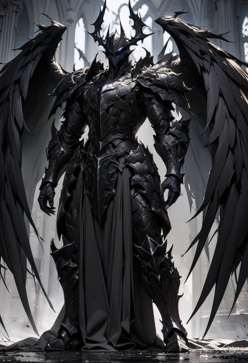 masterpiece, 8k, best quality, highly detailed, suit of armor made of pitch black metal with black flaming wings
