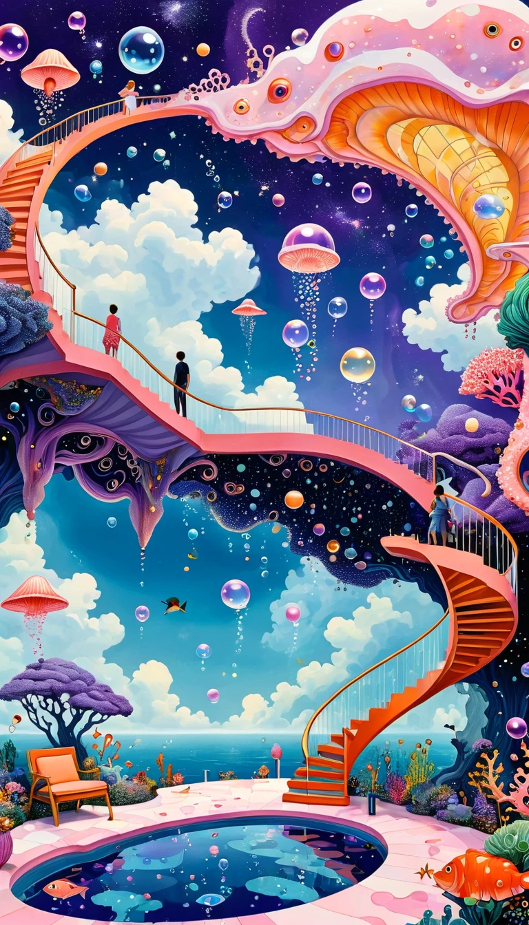 &quot;Dick Ellescas Artist Style&quot;,3D transparent conch swimming pool in the sky，沐浴的章fish，Platform、Swimming ring、Starry Sky、cloud，fish、Tentacles、bird、Eye、Soap bubbles，diatom，Spiral Staircase，People silhouette、Stitching together an abstract painting，Describing the inner world of autistic people，Sense of space，White Space，interesting，Innocence，Psychedelic Art，Dense pointillism，Pink theme，Bold contrasts，Purple and Orange