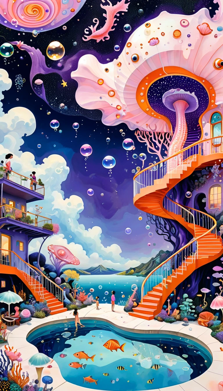 "Dick Ellescas Artist Style",3D transparent conch swimming pool in the sky,沐浴的章fish,Platform、Swimming ring、Starry Sky、cloud,fish、Tentacles、bird、Eye、Soap bubbles,diatom,Spiral Staircase,People silhouette、Stitching together an abstract painting,Describing the inner world of autistic people,Sense of space,White Space,interesting,Innocence,Psychedelic Art,Dense pointillism,Pink theme,Bold contrasts,Purple and Orange